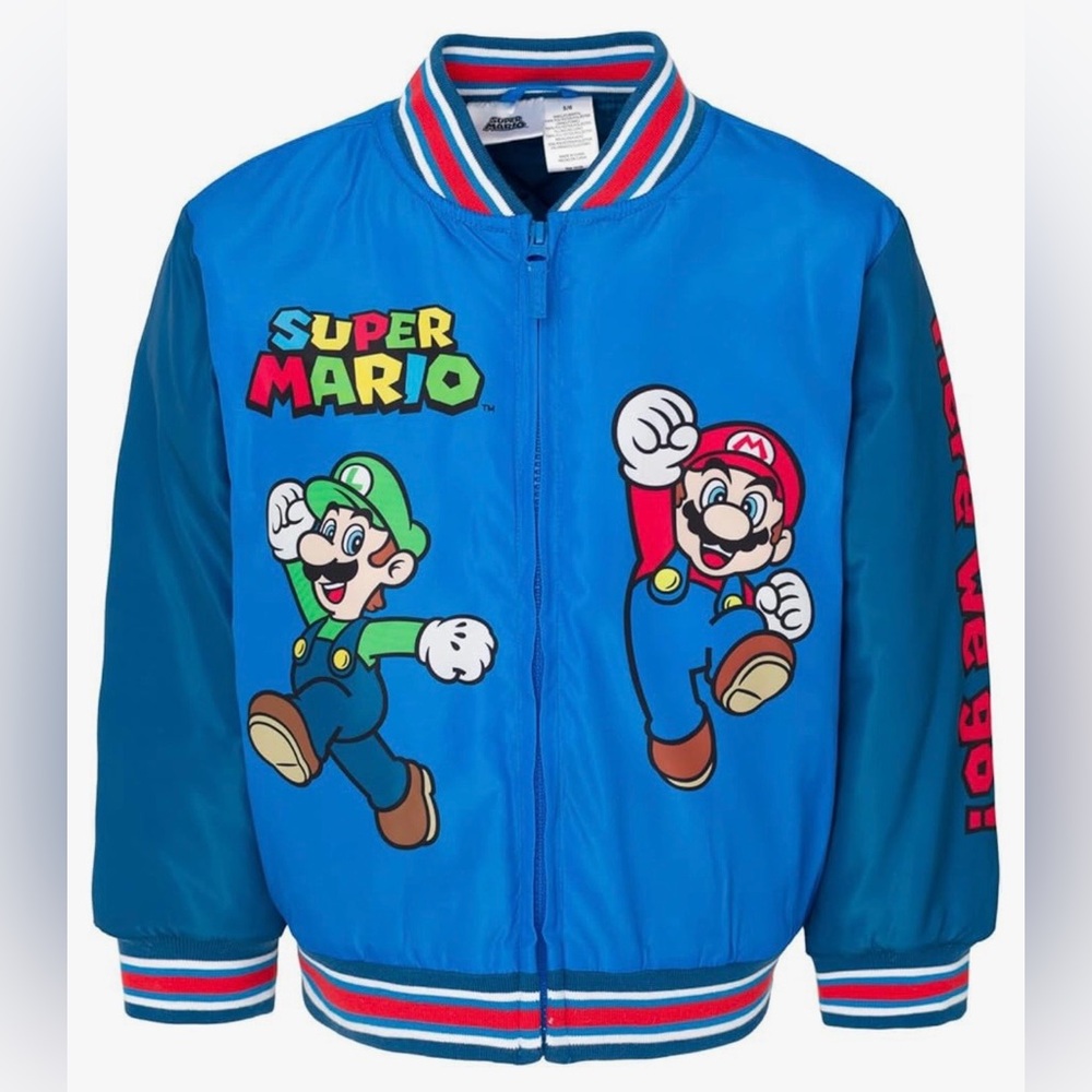 SUPER MARIO Mario Luigi Yoshi big boys letterman bomber jacket blue 14/16 NWT